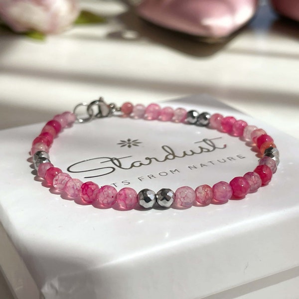 Fuchsia Pink Beaded bracelet, Tiny beaded Pink Agate bracelet 5mm, faced hematite separators, natural stone gift for girl