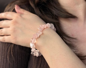 Elegant Rose Quartz Chip Bracelet, Calming Spiritual Gemstone Bracelet, Valentines Anniversary Romantic Gift