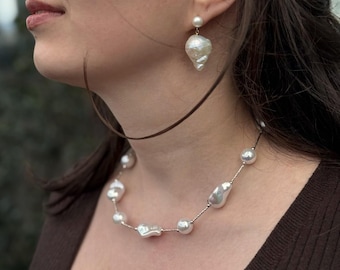 Silver Baroque Pearl Necklace, Girlfriend Bride Pearl Jewelry, Luxurious Sophisticated Gift Girlfriend
