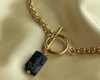 Shungite pendant necklace, 18k gold filled stainless steel chain, layering necklace