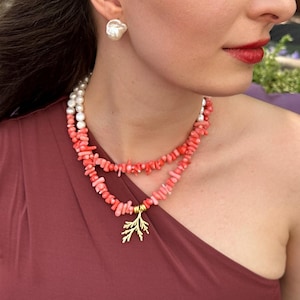 Bohemian Pink Coral Necklace with White Pearls and Gold Charm | Stylish Double layer summer necklace| Coastal Gift for Her