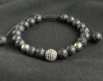 Premium Lava Stone Bracelet for Him | Steel Beads & Black Zircon Centerpiece | Adjustable Men’s Bracelet | Protection bracelet