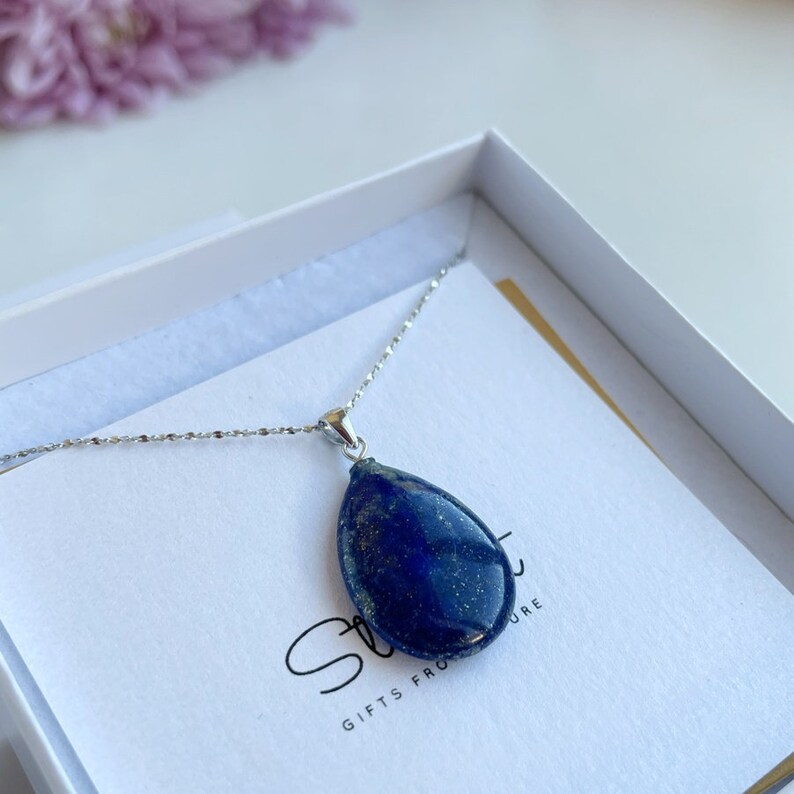 thumbnail image 2 of Lapis Lazuli Drop Pendant With Cotton Ribbon – Drilled Gemstone, Handmade Jewelry 2 of 4