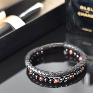 Men Bracelet Leather Braided Black Tiger-Eye Gemstone Beads with Magnetic Closure