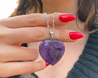 High grade Purple AMETHYST heart pendant 3cm, confession jewelry gift for woman, valentine's day gift, dark purple heart necklace