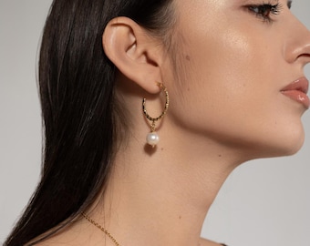 Large Gold Hoop earrings with pearls, bridesmaid gold earrings, french style jewelry, gift for woman