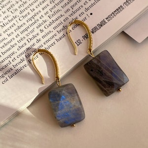 Faced rectangle Labradorite earrings with gold CZ Diamonds, statement earrings for her, anniversary gift for women