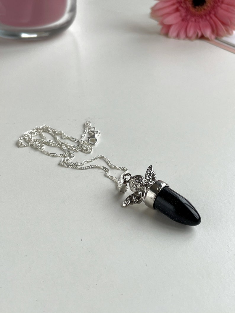 gift for her bridesmaid gift luxury gift for woman Goldstone Angel Pendant blue point necklace