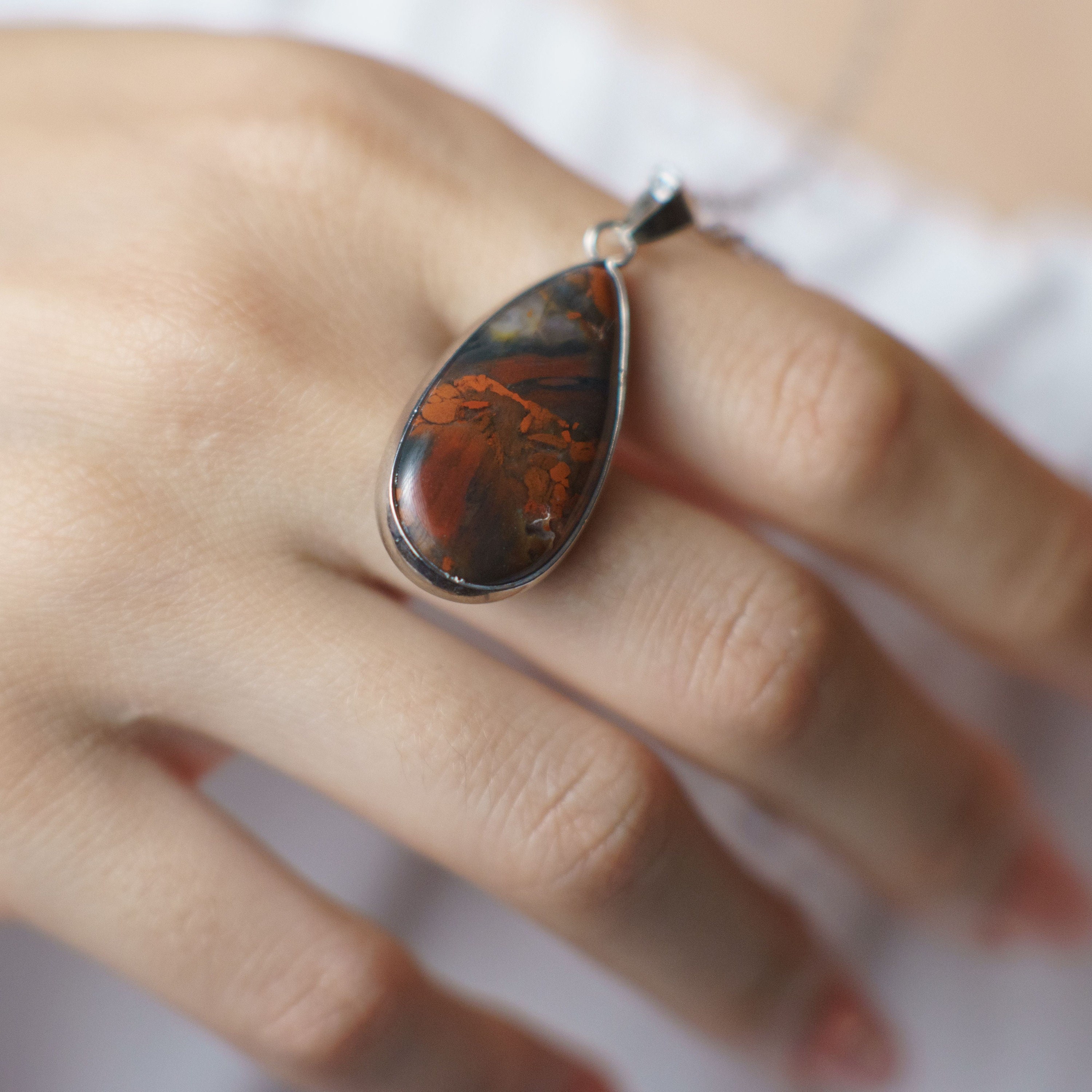 Drop Bloodstone pendant necklace wave chain, Energy healing pendant, gift for her,  Heliotrope Stone pendant, romantic gift woman