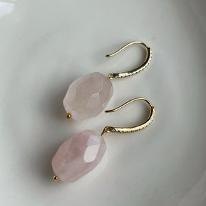 Faced Rose Quartz earrings with gold CZ Diamonds, statement earrings for her, anniversary gift for women