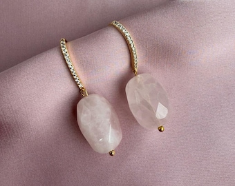 Faced Rose Quartz earrings with gold CZ Diamonds, statement earrings for her, anniversary gift for women