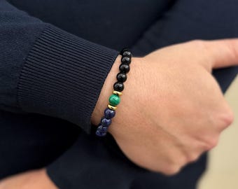 Luxury Men’s Gemstone Bracelet, Lapis Lazuli Onyx Dalmatian Jasper & Malachite, 18K Gold Plated, Premium Gift for Him