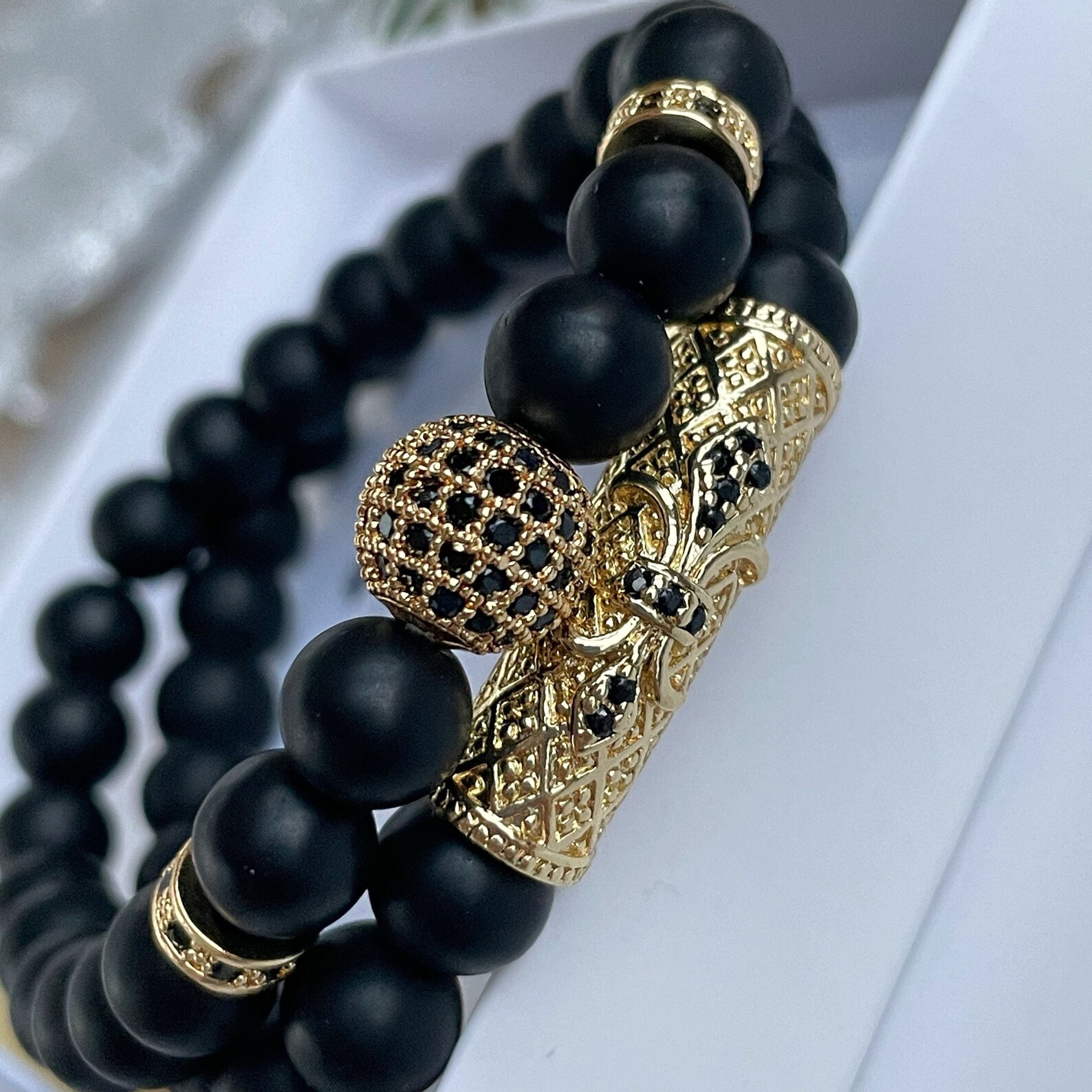 Black Onyx Mens Bracelet Set Matte Gold Zircon Bracelet Matte - Etsy
