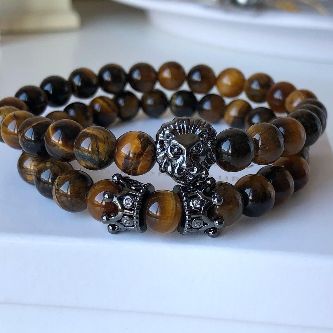 Tiger Eye & Lava Rock Beaded Bracelet For Men - Leather Magnetic Clasp Stress Relief Jewelry - View #6