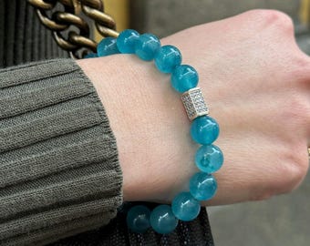 Ocean Blue Agate beaded bracelet, silver zircon bead, bright blue bracelet, anniversary gift for woman