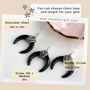 May include: Three black horn pendant necklaces with silver chains. The necklaces have a silver-colored band at the top of the horn. The text on the image says "You can choose chain type and length for your gem" and "www.stardust-gift.com".