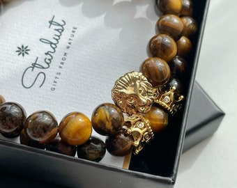 Tiger eye mens bracelet set gold lion zircon bracelet Natural Protection bracelet Luxury Gift for him 8mm bead jewelry, Luxury Gear
