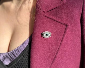 Onda ögat-brosch med zirkoner | Skyddande Fatima öga-nål | Blå & guldbrosch | Lycko-talisman-smycken | Statement-brosch | Gåva till henne