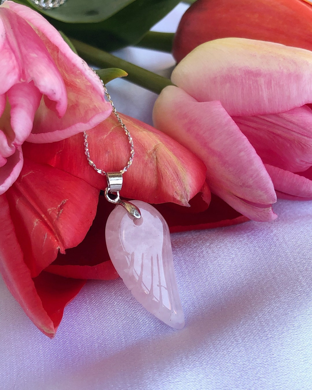 Rose Quartz Angel Wing Pendant Angel Necklace Crystal Etsy