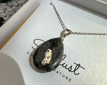 Larvikite drop pendant silver chain, Black Moonstone necklace, spectrolite jewelry,  anniversary gift, graduation gift