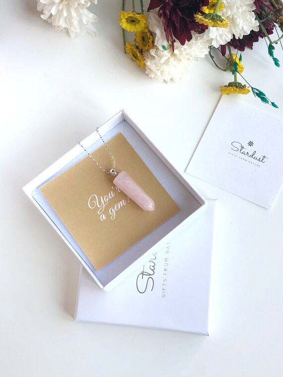 Rose Quartz Bullet Necklace, Natural Rose Quartz Point necklace, Steling silver chain, Prism Crystal Charka Pendant