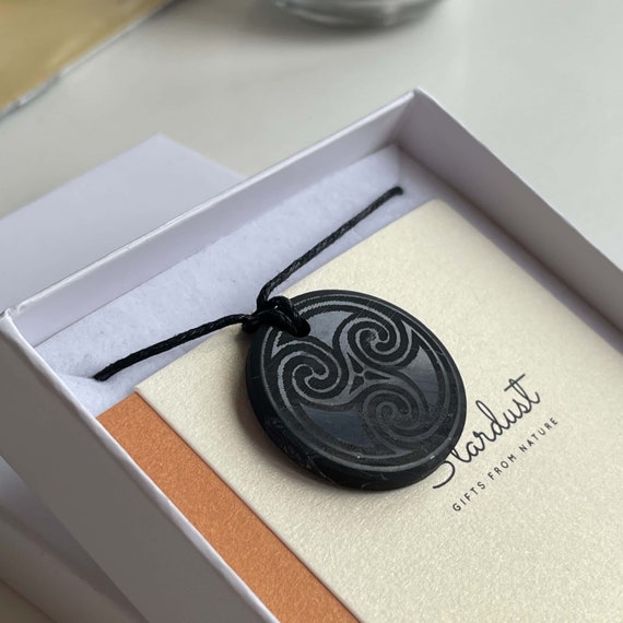 Elite Shungite Pendant with laser engraving Spirals, natural Russian Shungite, birthday gift for her