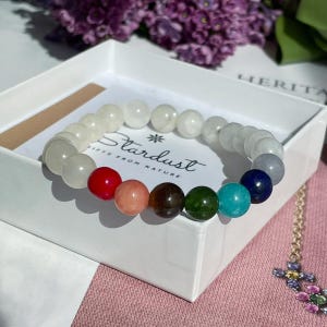 Pulsera de piedra natural de 7 chakras con piedra lunar, pulsera curativa de chakras, joyería de yoga, meditación, regalo para mujer