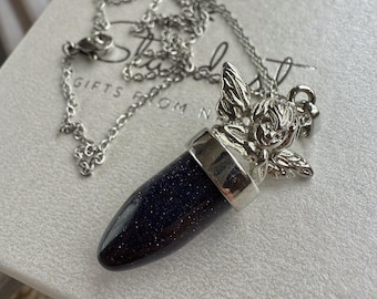 Goldstone Angel Pendant, blue point necklace, gift for her, bridesmaid gift, luxury gift for woman