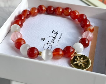 Awekening CARNELIAN bracelet with white cat eye and cherry quartz, luxury handmade gift for woman, anniversary gift