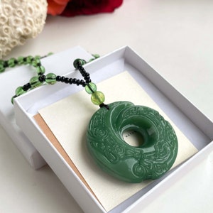 Large green Jade round Dragon Pendant, chakra healing pendant, gift for him, luxury packed, Gift for dad, Green Necklace