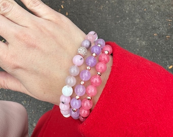 Set of pink natural stone bracelets, rose jade, rhodochrosite, amethyst bracelets, gift for her, anniversary gift, valentine's day gift