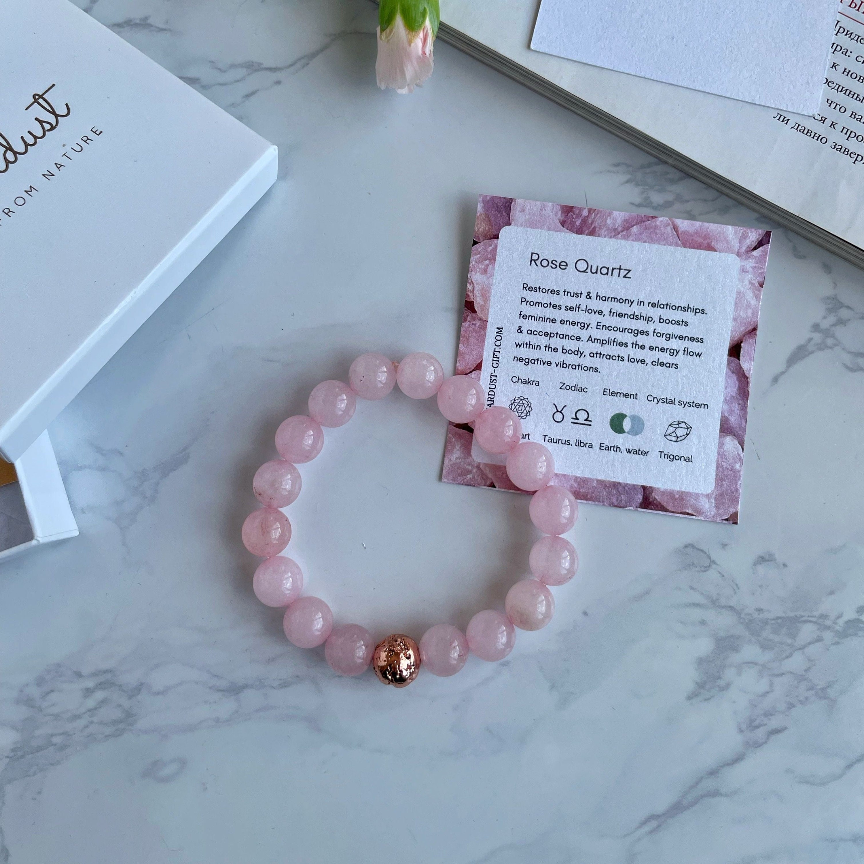 Deep Rose Quartz beaded bracelet 10mm with rose gold bead for women, pink  natural stone bracelet, luxury gift for girlfriend – Crystal boutique
