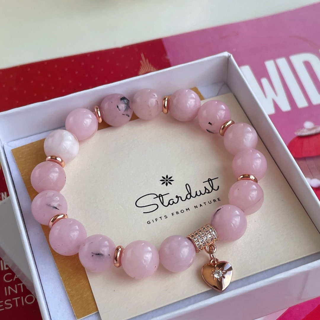 Buy Pink Rhodonite Beaded Bracelet, Rose Gold Heart Charm, Natural Rose  Jade Bracelet, Luxury Bracelet for Girlfriend Online in India - Etsy