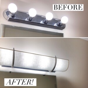 May include: Before and after image of a bathroom light fixture. The top image shows a chrome light fixture with four round bulbs. The bottom image shows the same fixture with a white fabric shade. The text "BEFORE" and "AFTER!" are in the image.