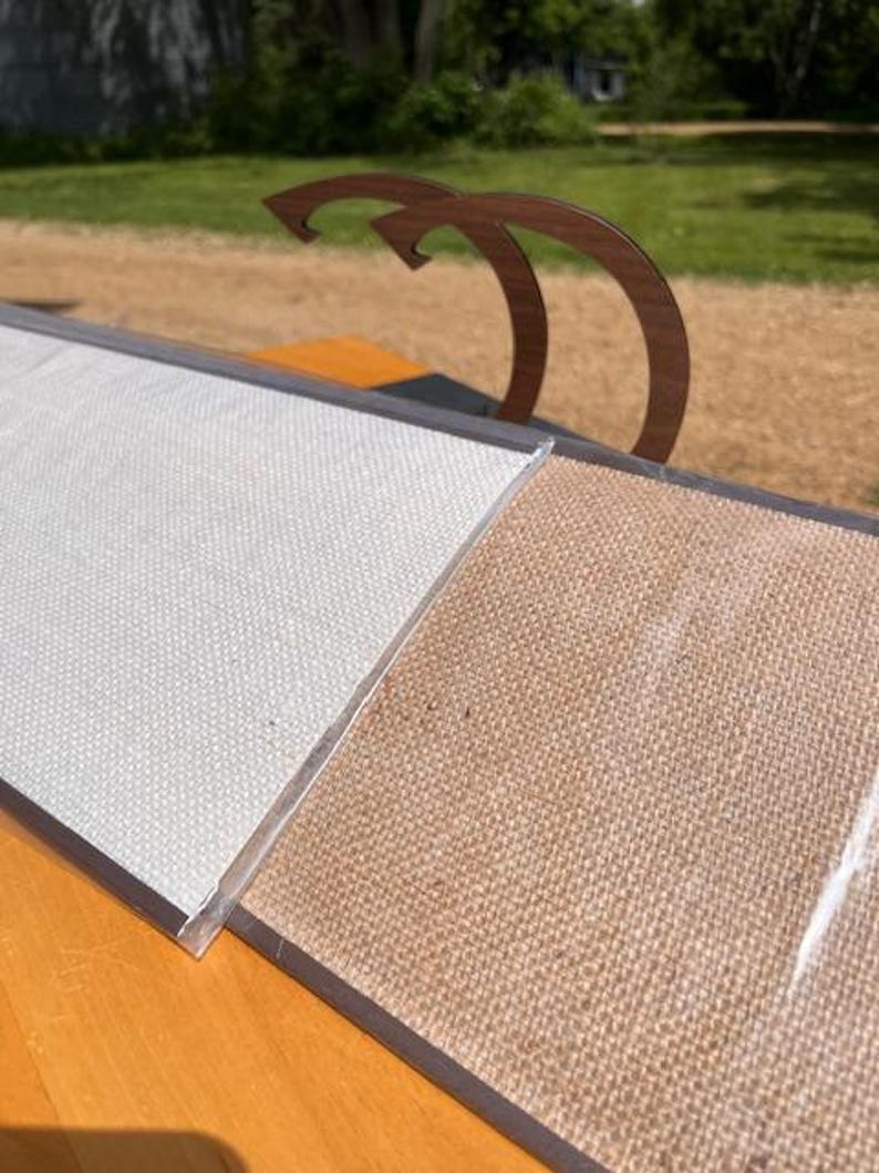 K&ouml;nnte beinhalten: Ein rechteckiges Pr&auml;sentationsboard mit zwei unterschiedlich texturierten Fl&auml;chen in Hellgrau und Beige, eingefasst in einen dunklen Rahmen. Zwei geschwungene, dunkelbraune Holzgriffe sind an der Oberkante des Boards befestigt.