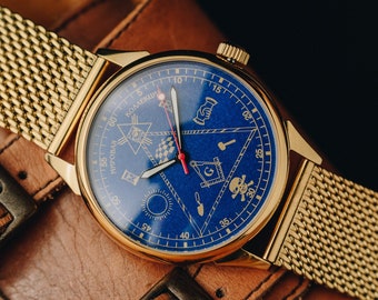 Rare Vintage watch Raketa Masonic, Mechanical watches, marriage watch Mens wrist watch, Gift for him, Freemason, Blue watch. Mens gift.