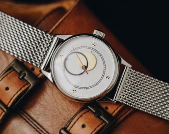 Rare Men's Moon watches  "Copernicus" White Minimalist Dial - Heritage  40mm Case - Gift for men, Handmade - Personalized Engraving