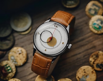 Mens Watch "Copernicus" White Dial 40mm - Rare Custom Watch - Moon Style. - Gift for him - Engraved (Personalized) Watch.
