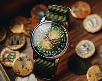 Vintage gift watch POLAR 24 - Hour AUTOMATIC Green dial 1990s Realese. Nylon or Steel Band. Unique gift watch for men. USSR Russian Watches