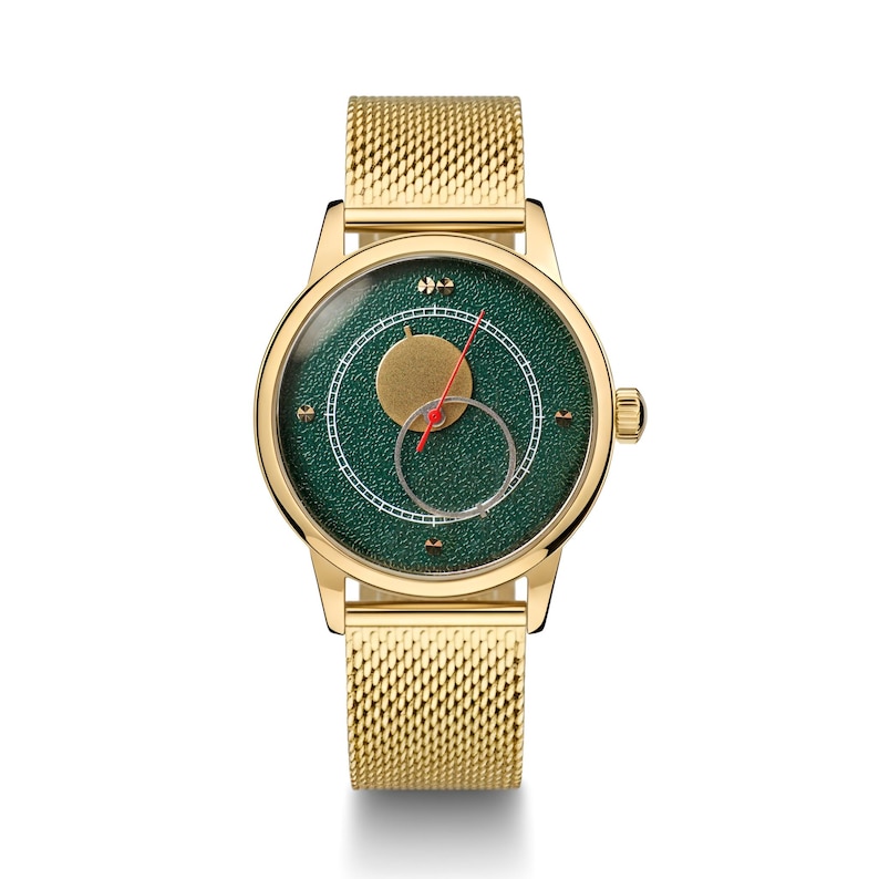 Personalized Watches "Copernicus" 40mm Green Dial - Men's Watch, Engraved Wristwatch Gift for Him / Husband / Boyfriend Gold Steel