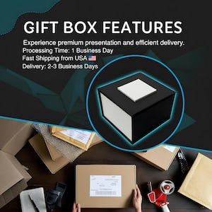K&ouml;nnte beinhalten: Das Bild zeigt eine schwarz-wei&szlig;e Geschenkbox mit einem wei&szlig;en Quadrat oben, hervorgehoben durch einen blauen Kreis. Der Text lautet "GIFT BOX FEATURES" und enth&auml;lt Details zu Pr&auml;sentation und Lieferung.