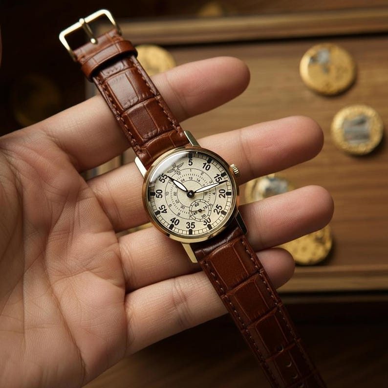May include: A gold-toned wristwatch with a cream-colored face and black numerals. The watch has a brown leather band with a crocodile pattern. The watch face displays multiple dials and hands, and the watch is held in a hand.