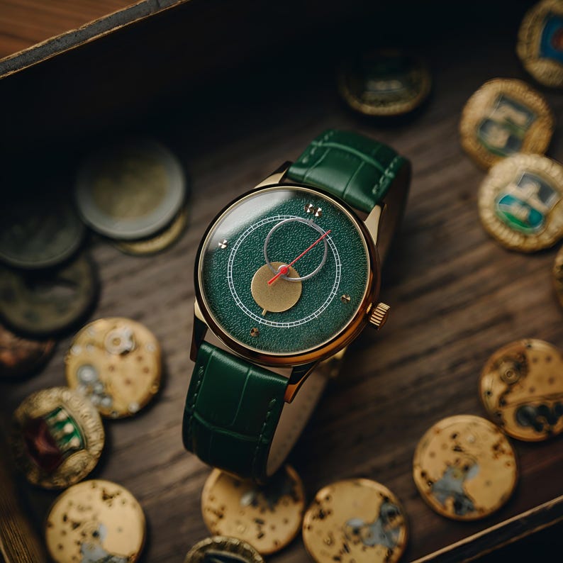 May include: A gold-toned wristwatch with a green face and a green leather band. The watch has a red second hand and a gold-colored center. The watch is surrounded by antique coins on a wooden surface.