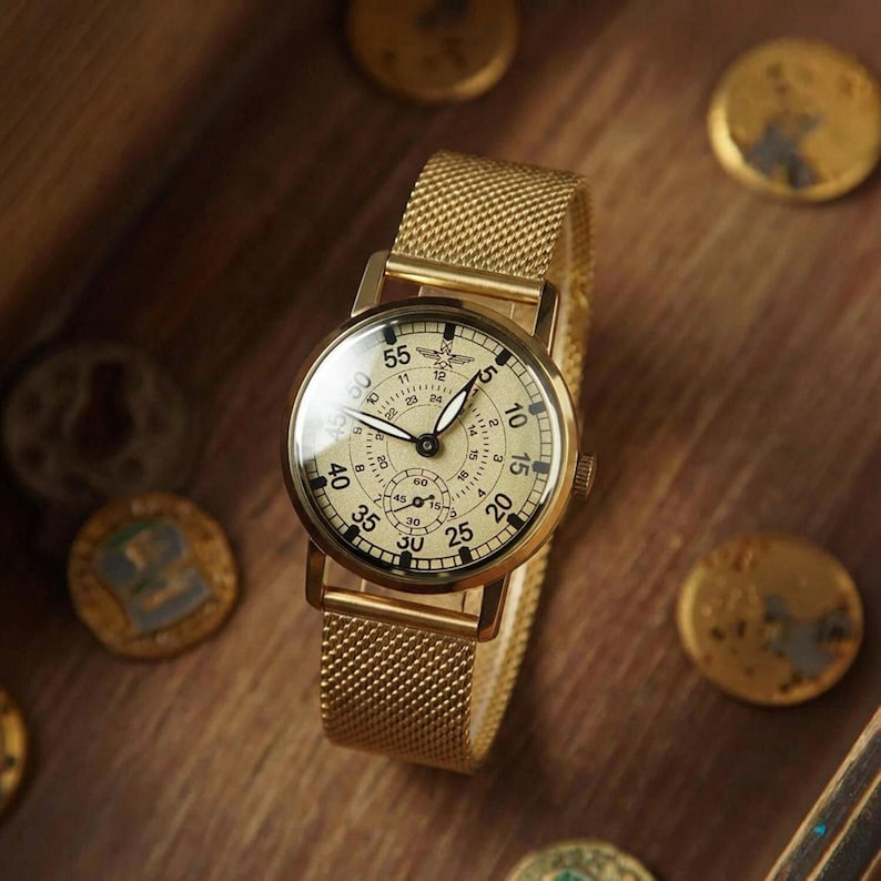 Montre personnalisée pour homme ZIM, bracelet en maille dorée à cadran pilote vintage, montre-bracelet gravée personnalisée, cadeau pour papa, mari, petit ami Steel Mesh Bracelet