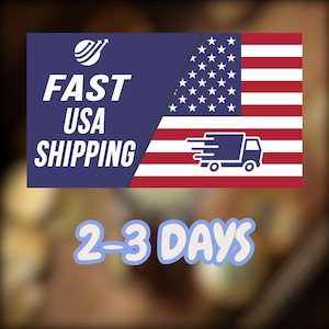May include: A rectangular graphic featuring a dark blue section with the white text FAST USA SHIPPING and a white icon of a globe with arrows. The right side displays the United States flag with a dark blue delivery truck icon. Below, 2-3 DAYS in white.