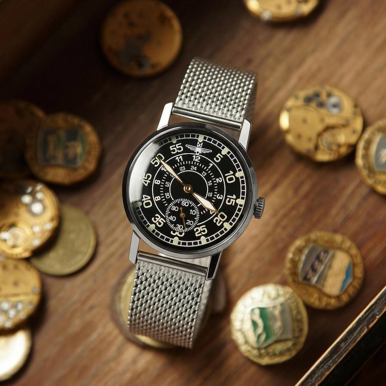 Raro reloj vintage "ЗИМ - HERITAGE" para hombre, hecho a mano, década de 1980 • Estilo aviador • Coleccionable • Regalo personalizado para hombre Steel Mesh Bracelet
