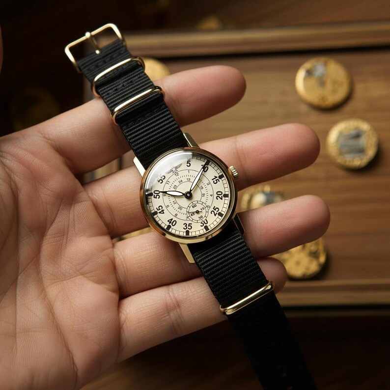 May include: A gold-toned wristwatch with a cream-colored face and black nylon band. The watch features a round face with black numerals and hands, and a small seconds dial. The band is secured with a gold buckle.