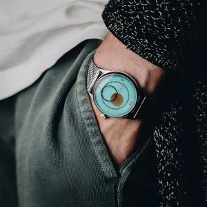Zeldzaam herenhorloge "Copernicus" aquablauwe wijzerplaat - Heritage Edition 40 mm kast - cadeau voor mannen, handgemaakt vintage gepersonaliseerd horloge, afbeelding 3