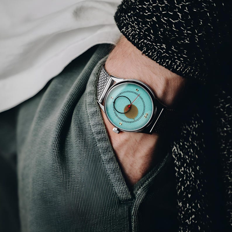 Zeldzaam herenhorloge "Copernicus" aquablauwe wijzerplaat - Heritage Edition 40 mm kast - cadeau voor mannen, handgemaakt vintage gepersonaliseerd horloge, afbeelding 3