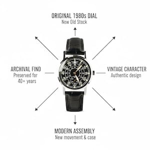 May include: A black and silver wristwatch with a black leather band. The watch face is black with white numerals and hands. Text on the image reads "Original 1980s Dial", "Archival Find", "Vintage Character", and "Modern Assembly".